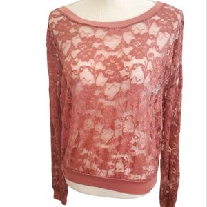 KYLEE | Women's  mauve floral lace long-sleeve pullover top. Size medium.